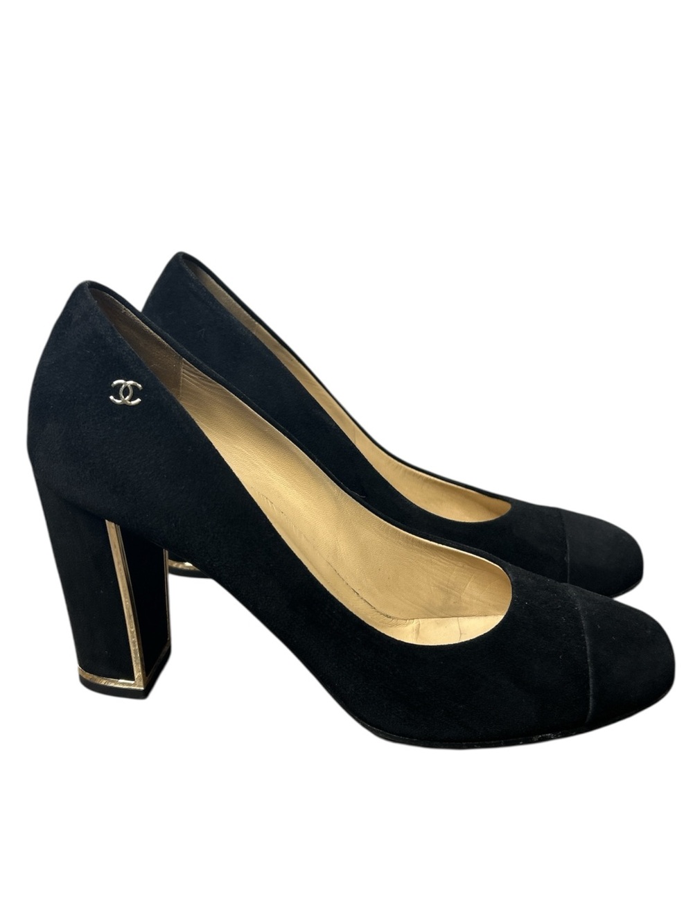 CHANEL Black Suede Cap Toe Pumps Heels CC Logo Gold Trim Size 40.5C Luxury